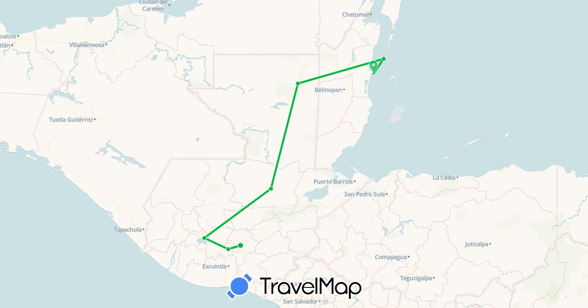 TravelMap itinerary: driving, bus in Belize, Guatemala (North America)